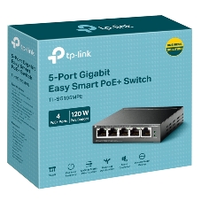 Коммутатор TP-Link TL-SG105MPE Easy Smart с 5 гигабитными портами (4 порта PoE+), 802.3af/at, бюджет PoE — 120 Вт, стальной корпус