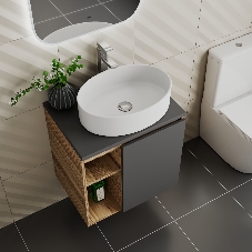 Тумба Bau Dream Blackwood 60 правая, графит, раковина BAU Nimb 50х36, смеситель для раковины высокий Hotel Still, нержавеющая сталь, выпуск клик клак, хром