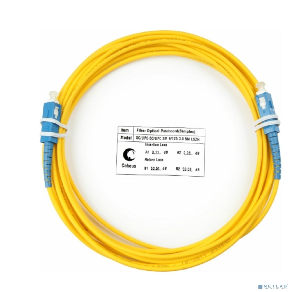 Комм. шнур оптический Cabeus Tight Buffer, Simplex SC/SC, OS2 9/125, LSZH, 5м, Ø 2мм, синий хвостовик, желтый