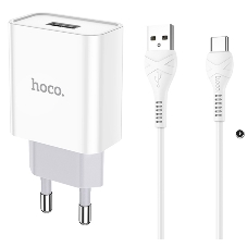 Блок питания (сетевой адаптер) HOCO C81A Asombroso single 1xUSB с кабелем Type-C, 2.1A, 10W, белый