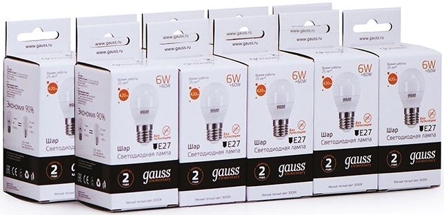 Лампа светодиодная Gauss Elementary 6Вт цок.:E27 шар 220B 3000K св.свеч.бел.теп. (упак.:10шт) (53216)