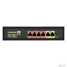 Коммутатор неуправляемый ExeGate EDES-1006D.4PoE-48W (6-портовый UTP 10/100 Base-Tx: 4 порта 802.3af (PoE), мощность PoE: 25W, суммарно 48W, 2 порта RJ45 uplink, настенный/настольный, металлический корпус)