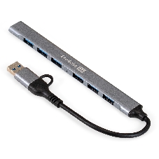 USB-концентратор 7-в-1 ExeGate DUB-761C3 (кабель-адаптер USB Type-A + Type-C --> 6xUSB2.0, 1xUSB3.0, Plug&Play, серебристый)