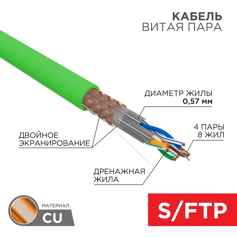 Кабель витая пара S/FTP, CAT 6A, PVC LS нг(А)-LSLTx, 4х2х0,575 мм, 23AWG, внутренний, однопроволочный, зеленый, 305м REXANT ПРОЕКТ