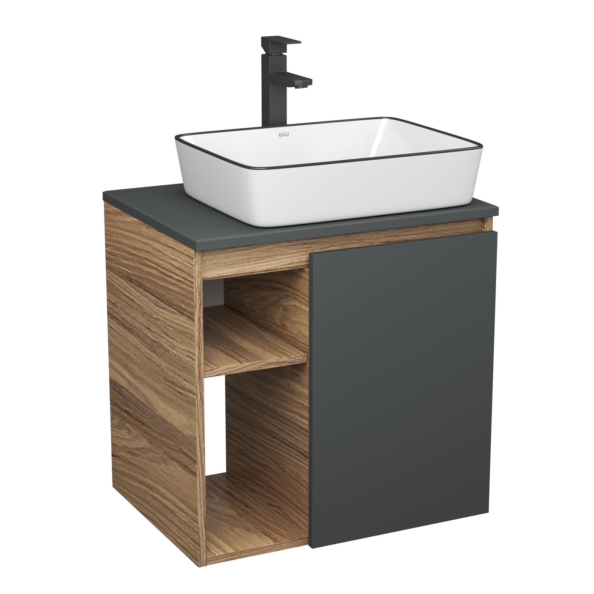 Тумба Bau Dream Blackwood 60 правая, графит, раковина 48х37, смеситель для раковины высокий Hotel Black, черный