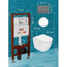 Комплект BAU 6 в 1: инсталляция BAU PRO, унитаз подвесной безободковый торнадо обратного потока Bau Dream 52х36 Hurricane-2, сиденье дюропласт микролифт, кнопка смыва Gun Grey, темно-серый металлик