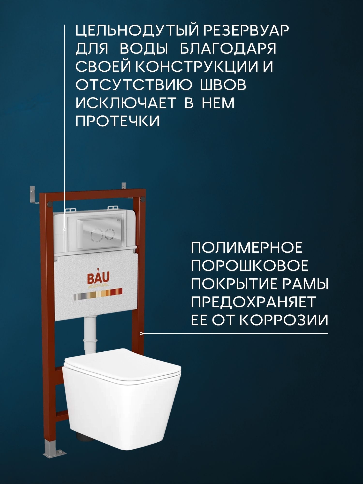 Комплект BAU 6 в 1: инсталляция BAU PRO, унитаз подвесной безободковый Bau Stil 51x35, сиденье дюропласт микролифт, клавиша BAU Dream, хром