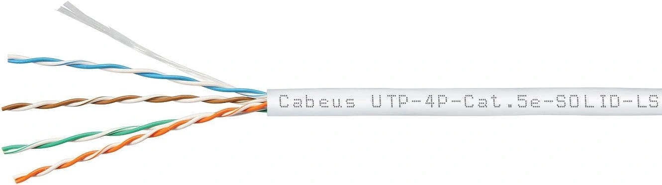 Кабель витая пара UTP (U/UTP) Cabeus UTP-4P-Cat.5e-SOLID-LSZH-WH cat.5e, 4 пары (24 AWG), одножильный, белый, LSZH, нг(А)-HF, (305 м)