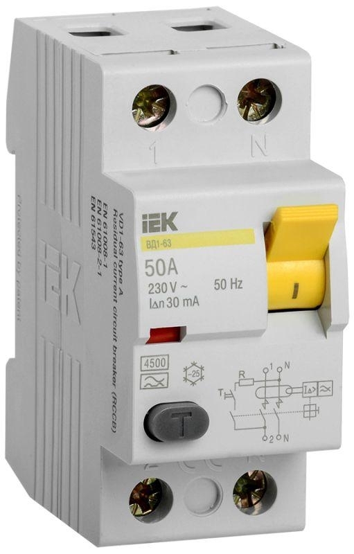 Выключатель дифференциального тока (УЗО) IEK MDV10-2-050-030 ВД1-63 2Р 50А 30мА IEK