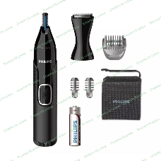 Триммер Philips для носа и ушей, черный, корпус - пластик, 3 насадки-гребня, насадка - триммер, щеточка для очистки, мягкий чехол, батарейка