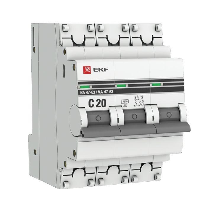Выключатель автоматический EKF mcb4763-3-20C-pro 3P 20А (C) 4,5kA ВА 47-63 EKF PROxima