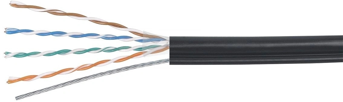 Кабель витая пара UTP (U/UTP), Cabeus UTP-4P-Cat.5e-SOLID-ST-OUT, категория 5e, 4 пары (24 AWG), одножильный, для внешней прокладки, с металлическим тросом (+75 C - -40) (305 м)