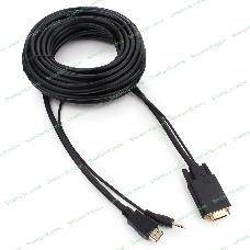 Кабель HDMI->VGA Cablexpert A-HDMI-VGA-03-10M, 19M/15M + 3.5Jack, медь, позол.разъемы, 10м, черный, пакет