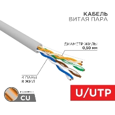 Кабель витая пара Rexant U/UTP, CAT 5e, PVC, 4PR, 24AWG, INDOOR, SOLID, серый, 305м