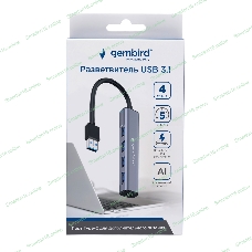 Разветвитель USB3.1 Gembird UHB-C484, 4хUSB, с доп.питанием (порт Type-C), кабель USB 19см, алюминий, коробка