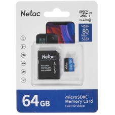 Флеш карта microSDHC 64Gb Netac P500 NT02P500STN-064G-R (с SD адаптером) 80Mb/s