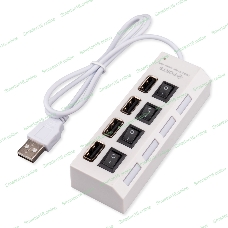 Разветвитель USB2.0 Gembird UHB-243-ADW, 4хUSB, с доп. питанием, подсветка и выключатели, кабель USB 55 см, белый, коробка