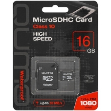 Флеш карта QUMO MicroSDHC 16Gb Сlass 10, адаптер в комплекте SD, черно-красная картонная упаковка