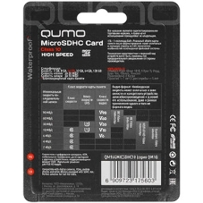 Флеш карта QUMO MicroSDHC 16Gb Сlass 10, адаптер в комплекте SD, черно-красная картонная упаковка