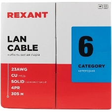 Кабель витая пара Rexant U/UTP, категория 6, ZH нг(А)-HF, 4PR, 23AWG, внутренний, серый, 305 м