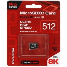 Флеш карта QUMO MicroSDXC 512 Gb 90/80 МБ/с UHS-I U3, Pro seria 3.0, адаптер в комплекте SD, красная картонная упаковка
