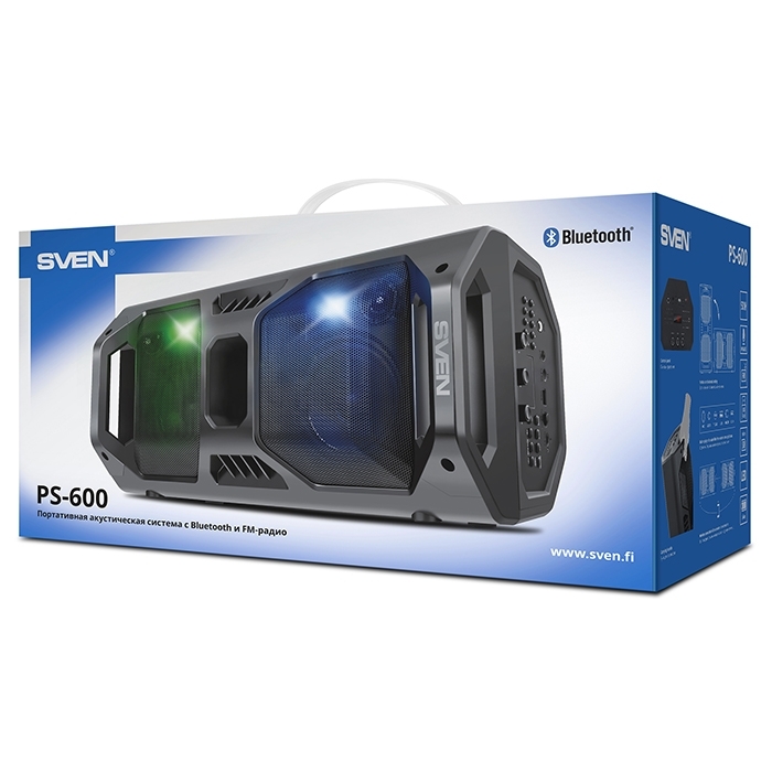 Мобильные колонки чёрные Sven PS-600 2.0  (2x25W, mini Jack, USB, Bluetooth, FM, micro SD, LED-дисплей, ПДУ, 2 x 4000 мA, LED подсветка)