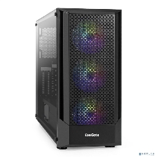 Компьютерный корпус Miditower ExeGate EVO-8227 (ATX, без БП, 2хUSB+1хUSB 3.0+HD Audio, черный, 3 вент. с RGb подсветкой, боковая панель - закаленное стекло)