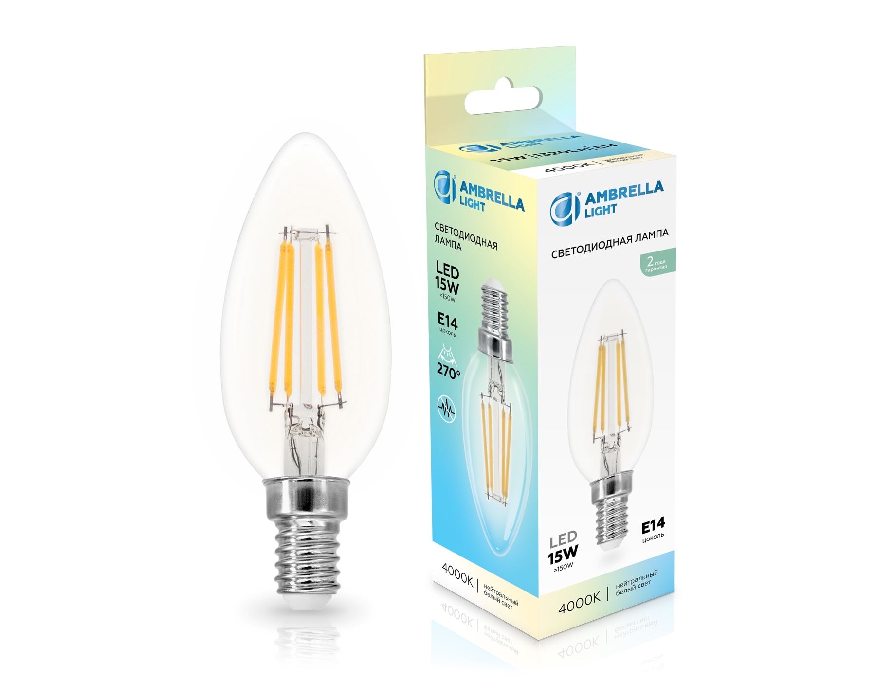 Лампа светодиодная 351514 Filament LED C35 15W E14 4000K 220-240V