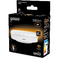 Лампа светодиодная Gauss 8Вт цок.: GX53 таблетка 220B св. свеч. бел. теп. Tablet (упак.: 10 шт)