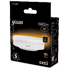Лампа светодиодная Gauss 8Вт цок.: GX53 таблетка 220B св. свеч. бел. теп. Tablet (упак.: 10 шт)