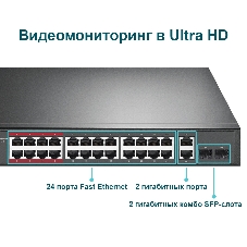 Коммутатор 24-port 10/100Mbps Unmanaged PoE+ Switch with 2 combo RJ-45/SFP uplink ports, metal case, rack mount, 24 802.3af/at compliant PoE+ ports, 2 gigabit combo RJ-45/SFP uplink ports, DIP switches for Extend mode, Isolation mode and Priority mode, up to 25