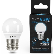 Лампа светодиодная Gauss 105102307 6.5Вт цок.: E27 шар 220B 6500K св. свеч. бел. хол. (упак.: 10 шт)