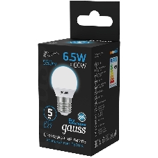 Лампа светодиодная Gauss 105102307 6.5Вт цок.: E27 шар 220B 6500K св. свеч. бел. хол. (упак.: 10 шт)