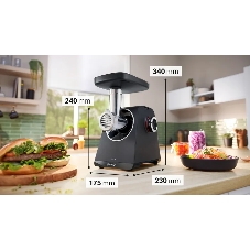 Мясорубка электрическая Bosch MFWS440B черный, 1900 Вт, 2.5 кг/мин, реверс, защита от перегрузки, насадки - 7