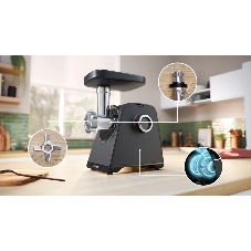 Мясорубка электрическая Bosch MFWS440B черный, 1900 Вт, 2.5 кг/мин, реверс, защита от перегрузки, насадки - 7