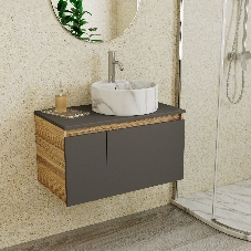 Комплект: тумба подвесная Bau Dream Blackwood графит 80, 1 ящик, дверца слева, раковина круглая накладная BAU Element D41, мрамор, смеситель Hotel Dream, нерж сталь