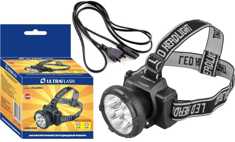 Фонарь налобный аккумуляторный LED 5363 (220В 9LED 2 режима; черный) Ultraflash 11257