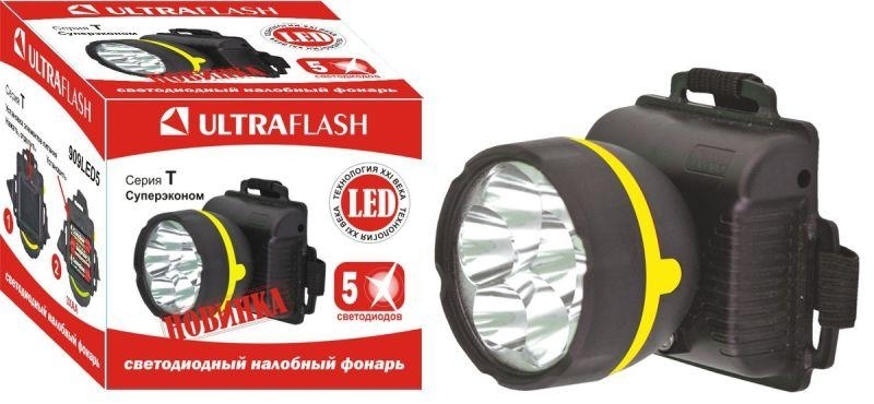Фонарь налобный 909LED5 (5LED 1 режим; 3хR6 черный) Ultraflash 11781