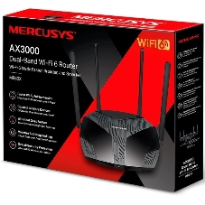 Двухдиапазонный роутер MERCUSYS MR80X AX3000 Wi-Fi 6, до 574 Мбит/с на 2,4 ГГц + до 2402 Мбит/с на 5 ГГц,4 фиксированные внешние антенны, 3 гигабитных порта LAN, 1 гигабитный порт WAN