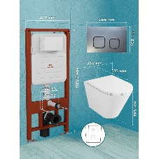 Комплект BAU 6 в 1: усиленная инсталляция BAU IDEAL, унитаз подвесной безободковый торнадо обратного потока Bau Nimb Hurricane-2, сиденье дюропласт микролифт, клавиша BAU Strike,темно-серый металлик