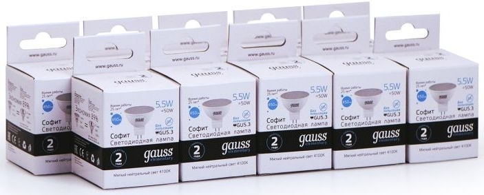 Лампа светодиодная Gauss Elementary MR16 5.5Вт цок.: GU5.3 спот 220B 4100K св. свеч. белый. ней. (упак.: 10 шт)