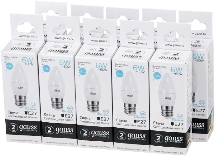 Лампа светодиодная Gauss Elementary 6Вт цок.: E27 свеча 220B 4100K св. свеч. белый ней. C37 (упак.: 10 шт)