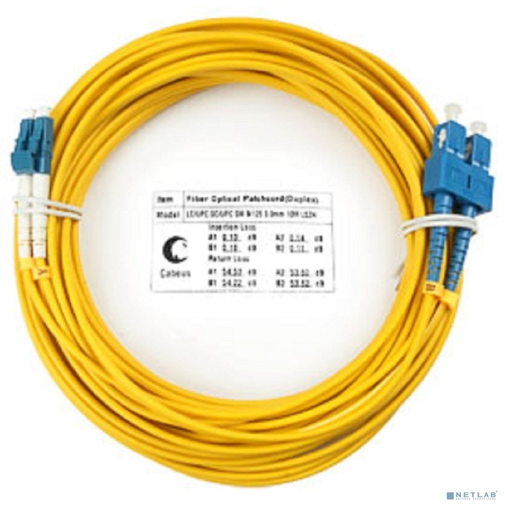 Комм. шнур оптический Cabeus Tight Buffer, Duplex LC/SC, OS2 9/125, LSZH, 20м, Ø 3мм, синий хвостовик, цвет: жёлтый