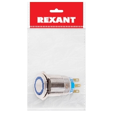Кнопка антивандальная Rexant Ø19 12В Фикс (5с) ON-OFF/OFF-ON подсв/синяя