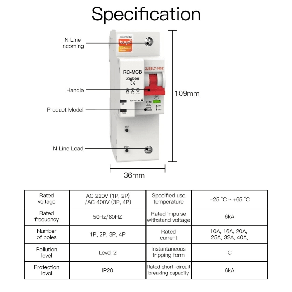 Выключатель MOES Zigbee circuit breaker 1P 16A ZCB-SC-1P16