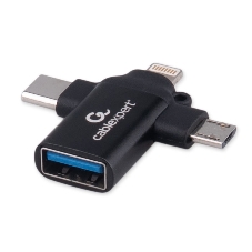Переходник USB3.1 Cablexpert A-USB3.1-AF-3in1, AF/Type-C(M)+MicroUSB(M)+Lightning(M), с поддержкой OTG, черный, пакет