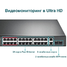 Коммутатор 24-port 10/100Mbps Unmanaged PoE+ Switch with 2 combo RJ-45/SFP uplink ports, metal case, rack mount, 24 802.3af/at compliant PoE+ ports, 2 gigabit combo RJ-45/SFP uplink ports, DIP switches for Extend mode, Isolation mode and Priority mode, up to 25
