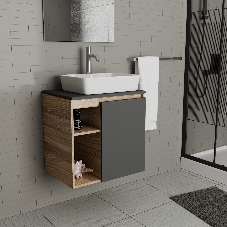 Тумба Bau Dream Blackwood 60 правая, графит, раковина BAU Cerama 48х37 белая, смеситель Hotel Dream, нерж. сталь