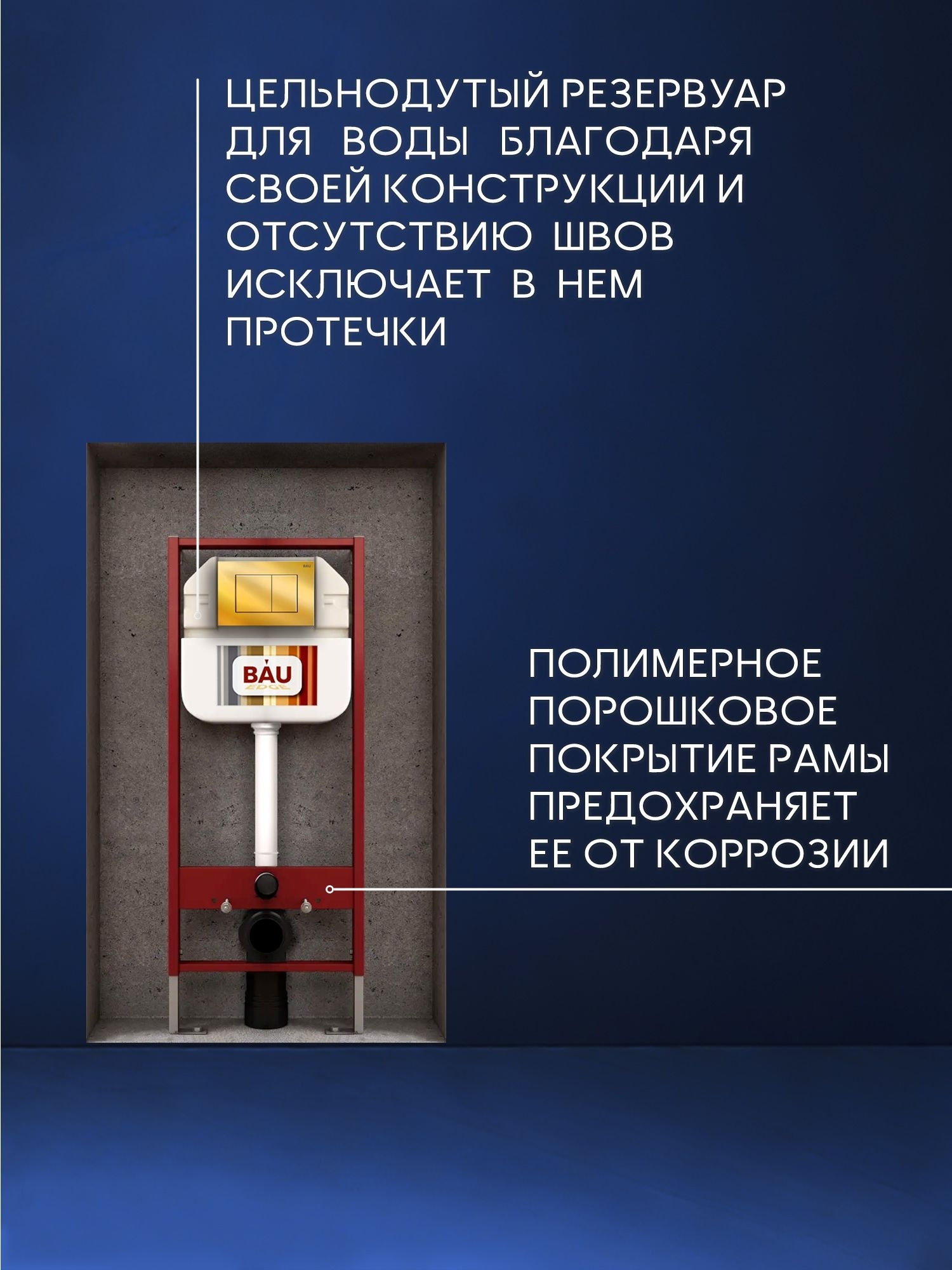 Рамная инсталляция BAU NEO 45 для подвесного унитаза и кнопка смыва BAU Stil для инсталляции, золото