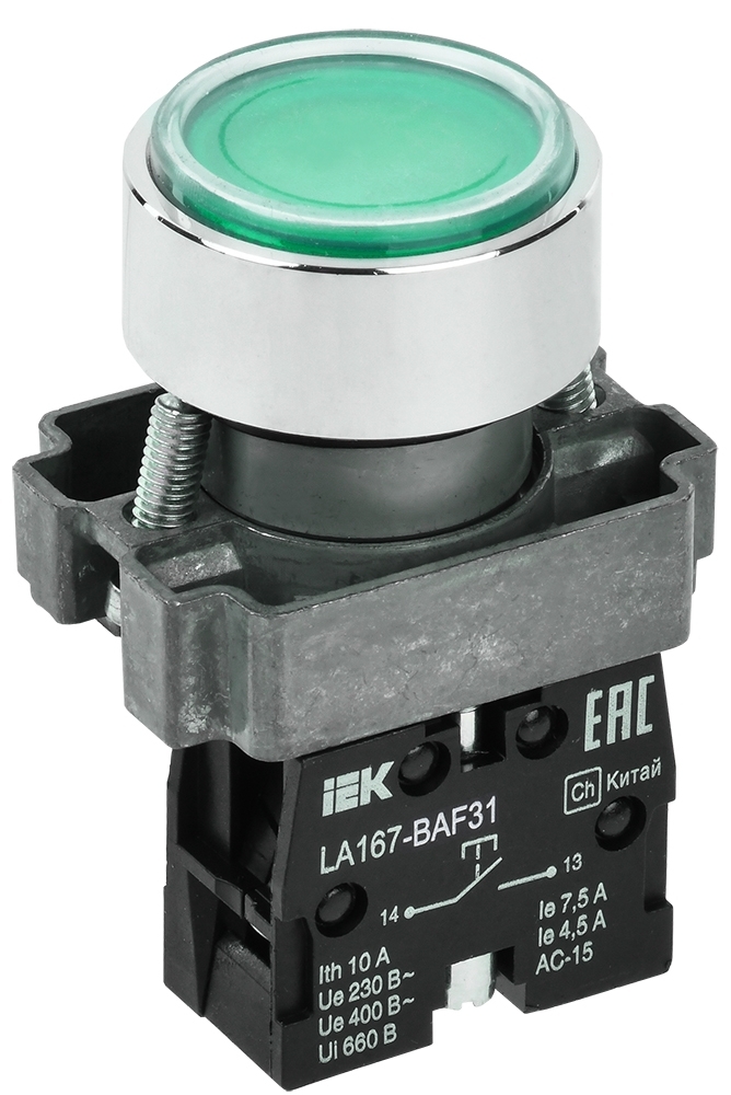 Кнопка IEK LA167-BAF31 d=22мм 1з зеленая